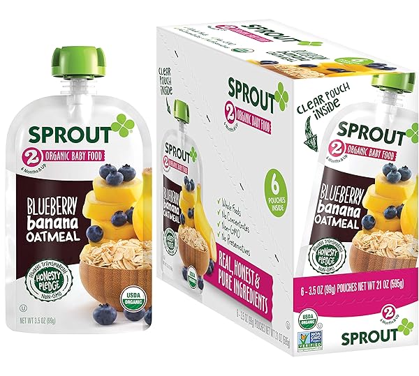 SPROUT ORGANIC BABY FOOD, STAGE 2 POUCHES, FRUIT VEGGIE & GRAIN BLEND, BLUEBERRY BANANA OATMEAL, 3.5 OZ PUREES (PACK OF 6)