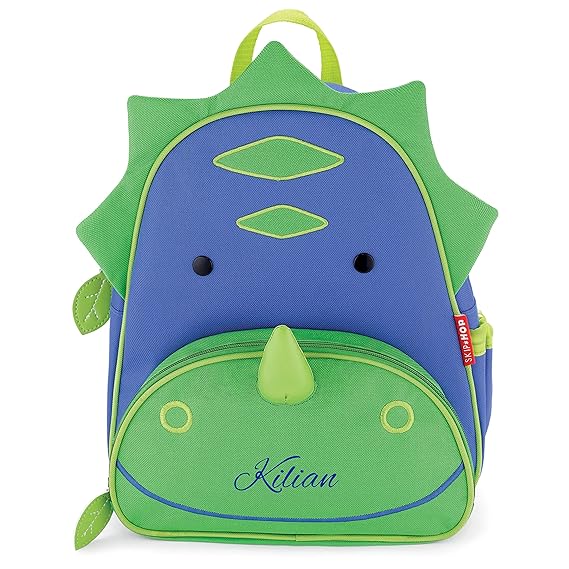 Skip Hop Rucksack mit Namen für Kinder | Motiv Dino-Saurier in blau & grün für Jungen & für Mädchen | Kindergarten-Rucksack m