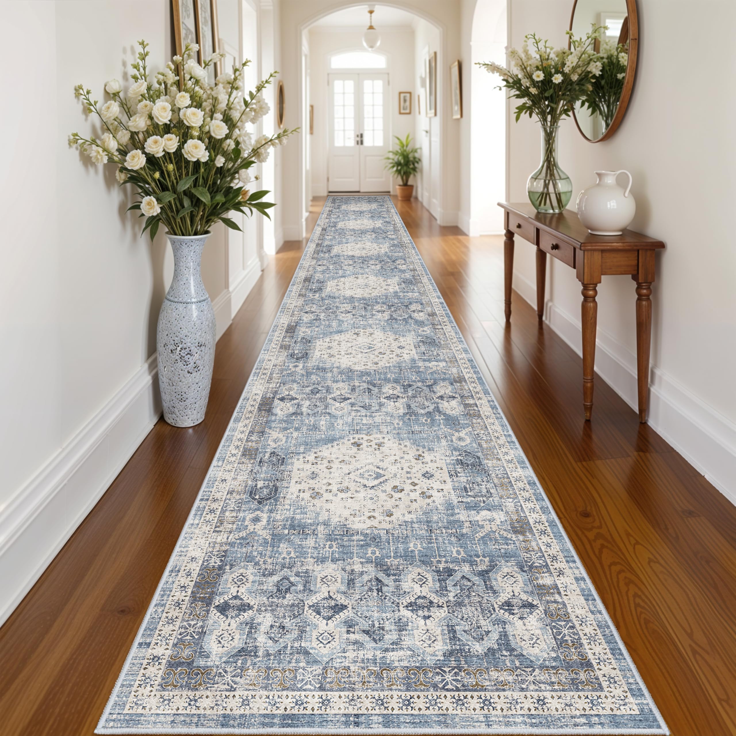 RUUGME 3x20 Hallway Runner Rug: Easy Clean Vintage Washable Carpet for Entryway Hall Non Slip Stain Resistant Kitchen Rugs Soft Home Decor Floor Mat - Perfect for Wedding Ceremony 3'x20' Aqua Blue Image
