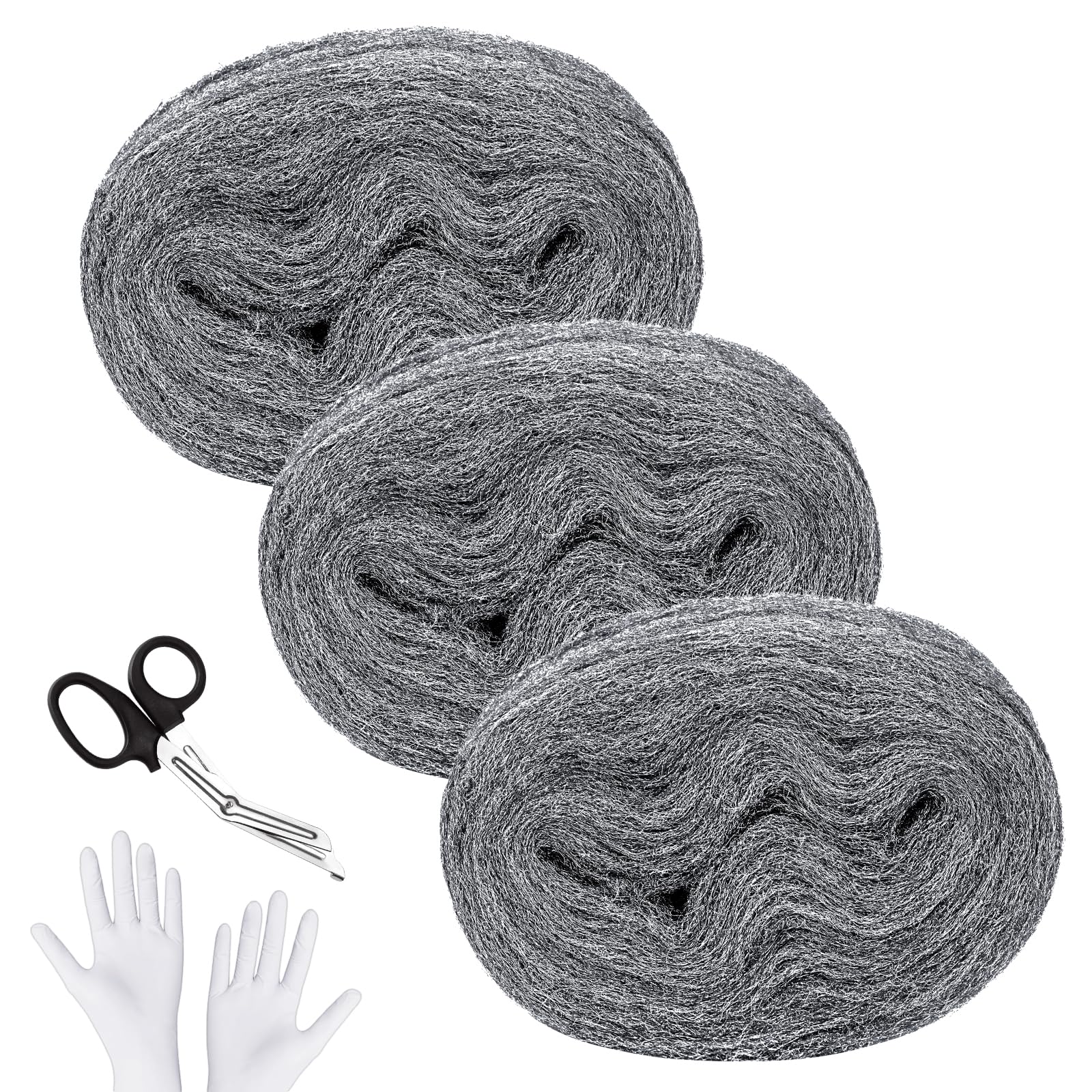 SelfTek Steel Wool Mice 0000, 3 Pack 50ft/15 Meter Ultra Fine Wire Wool Rodent Control Gaps Blocker with Gloves and Scissors, Wire Wool for Rodent Control (5m/roll)