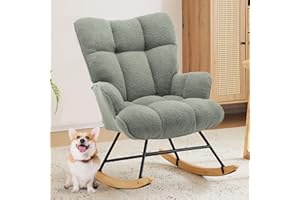 Zedachica Nursery Rocking Chair Teddy Upholstered Glider Rocker Rocking Accent Chair with High Backrest Comfy Armchair with Padded Seat Soft Side Chair for Living Room Bedroom Office (Green Teddy)