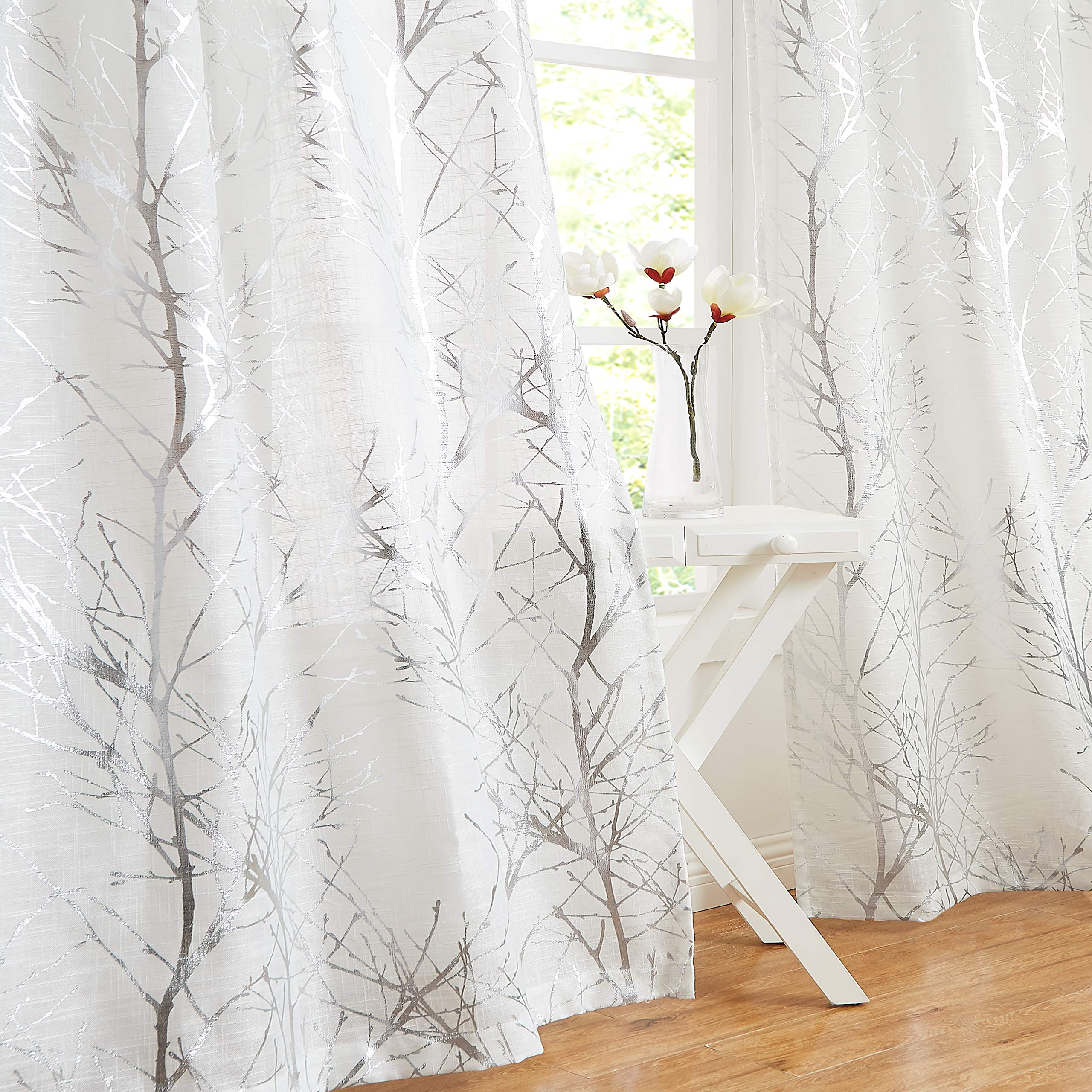 Fmfunctex White Silver Semi Sheer Curtains for Bedroom 54 Drop Voile Curtain for Living Room Branch Foil Eyelet Linen Textured Light Filtering Window Curtain Drapes for Dining Room 2 Panels