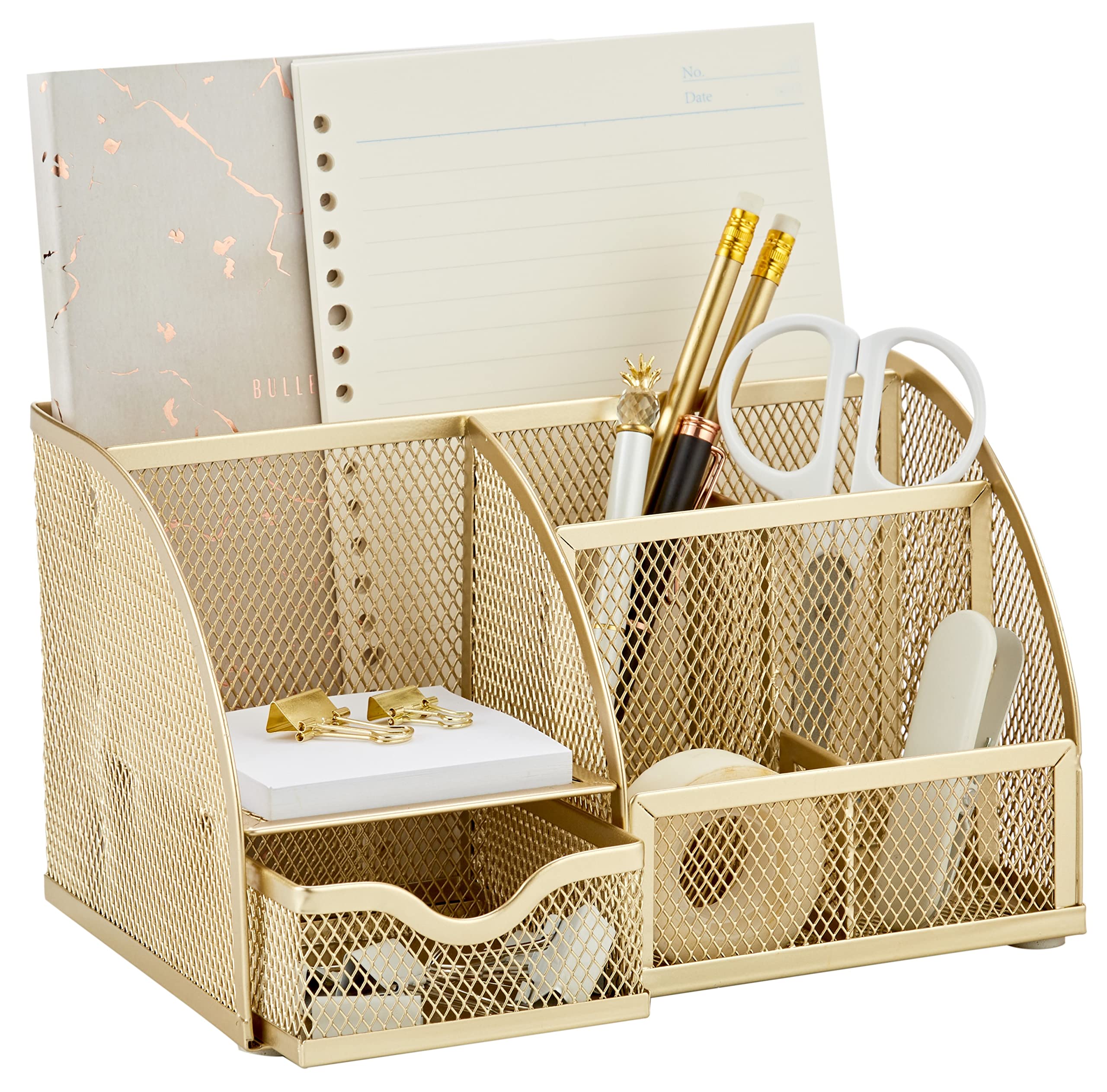Annova Mesh Desk Organizer Office with 7 Compartments + Drawer/Desk Tidy Candy/Pen Holder/Multifunctional Organizer (Gold) — image 1