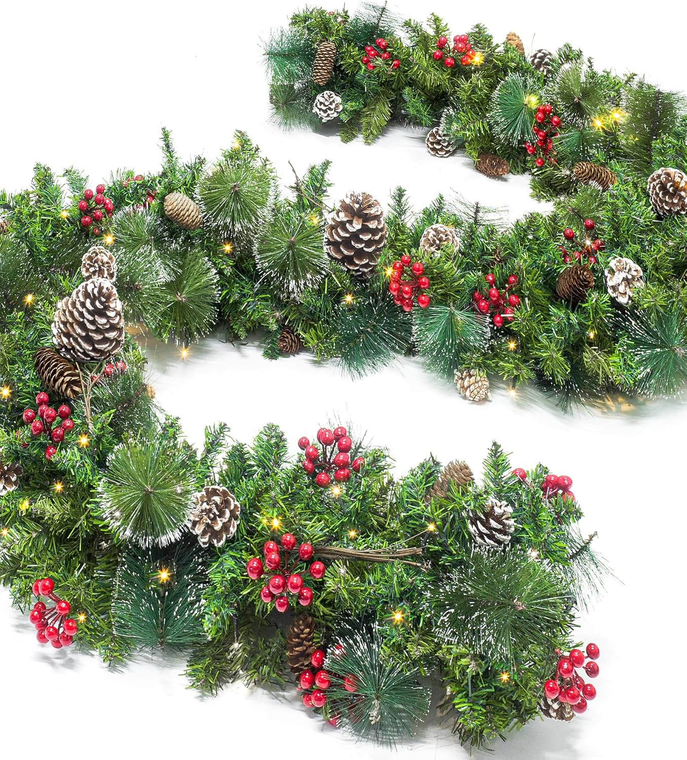 Wreaths, Garlands & Swags - 9 FT Prelit Christmas Garland with 100 LED Lights, 8 Modes 3AA Battery Operated Garland with Timing Function for Home Stairs Fireplace Front Porch Door Display Indoor Outdoor Christmas Decoration