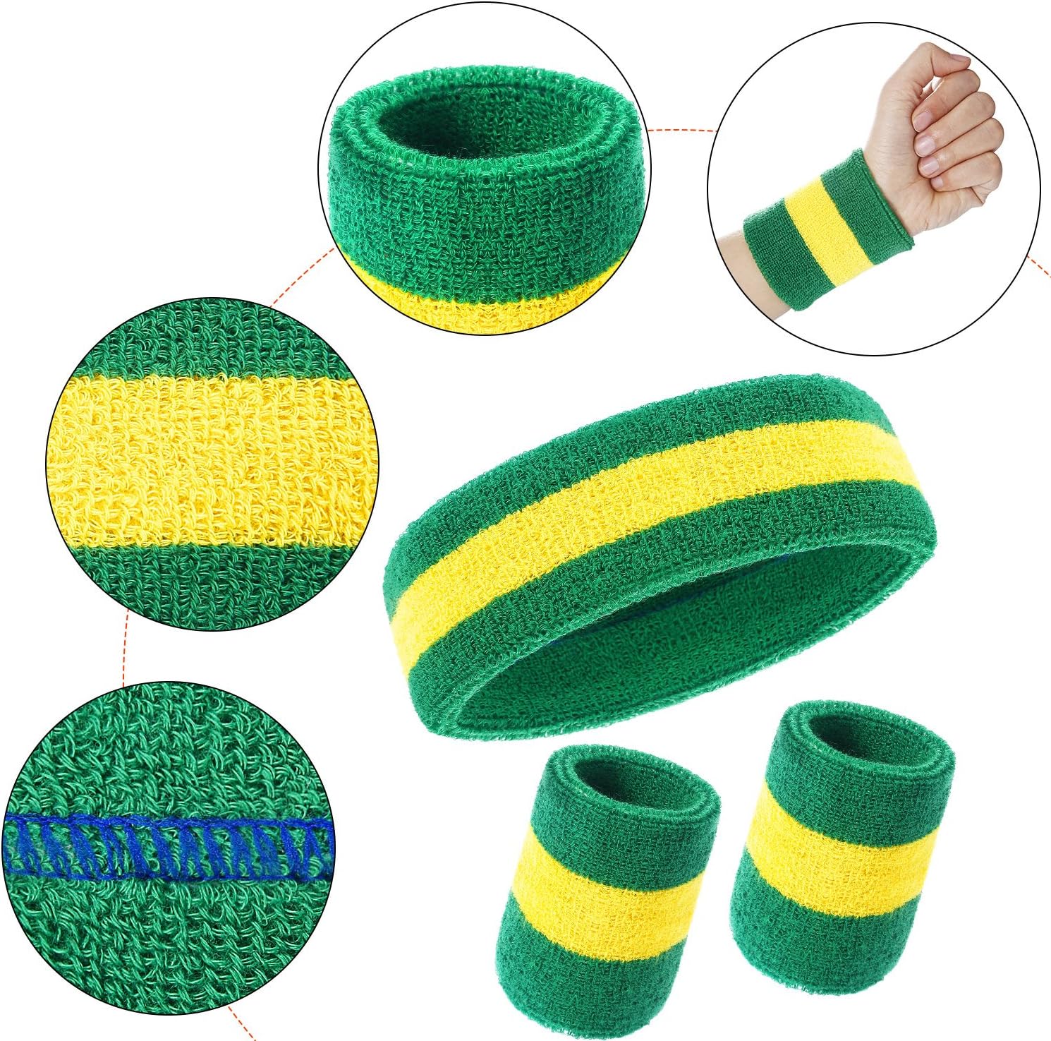 WILLBOND 3 Pieces Sweatbands Set, Includes Sports Headband and Wrist Sweatbands Striped Sweat Band for Athletic Men and Women (Green and Yellow) : Clothing
