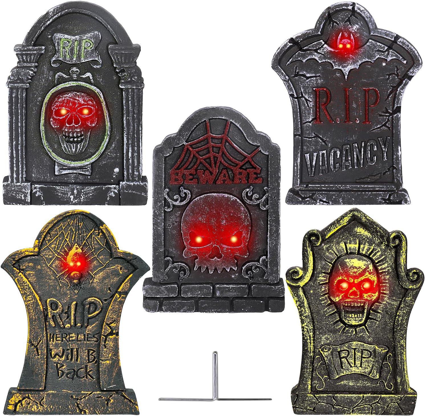 Yard Signs - 17”Rip Tombstones Halloween Decorations Outdoor (5 Pack) with LED Light Up Headstones for Graves Scary Gravestones Halloween Yard Signs Vintage Glow in The Dark Cemetery Lawn Graveyard Decor Outside