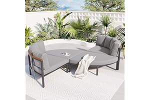 YSWH 4-Piece Outdoor Half Moon Sectional Sofa Set, Metal & Wood Curved Patio Furniture Conversation Set with 4 Fan-Shaped Sofa, Outdoor Seating Group Round Daybed Sunbed with Thicker Cushions (Gray)