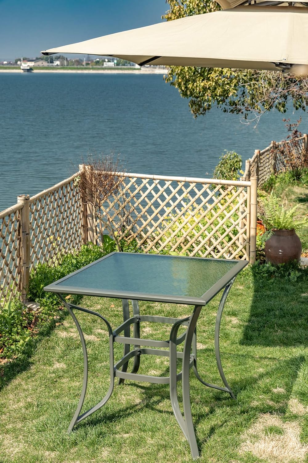 36" Outdoor Patio Dining Bistro Table Aluminum Square Bar Height Table Garden Backyard Furniture, Water Ripple Tempered Glass Top: Kitchen & Dining