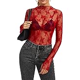 VELISDE Women's Long Sleeve Lace Tops Mesh Tops Sheer Layering Top Sexy Mock Neck Floral See Through Shirt Blouse