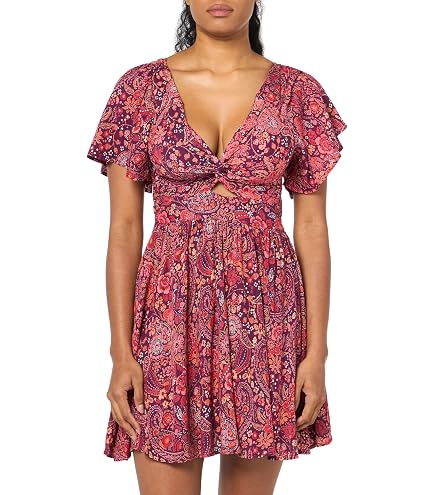 Angie Women's Printed Puff Sleeve Twist Front Peekaboo Cutout Dress at Amazon Women's Clothing store