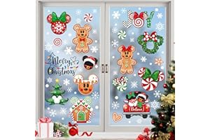 HIPOPEN Christmas Window Clings Decor, Merry Christmas Mouse Window Decorations Stickers Double Sided Snowflakes Gingerbread Man Decals Peppermint Candy for Home Winter Xmas Holiday Party Supplies 8 Sheets
