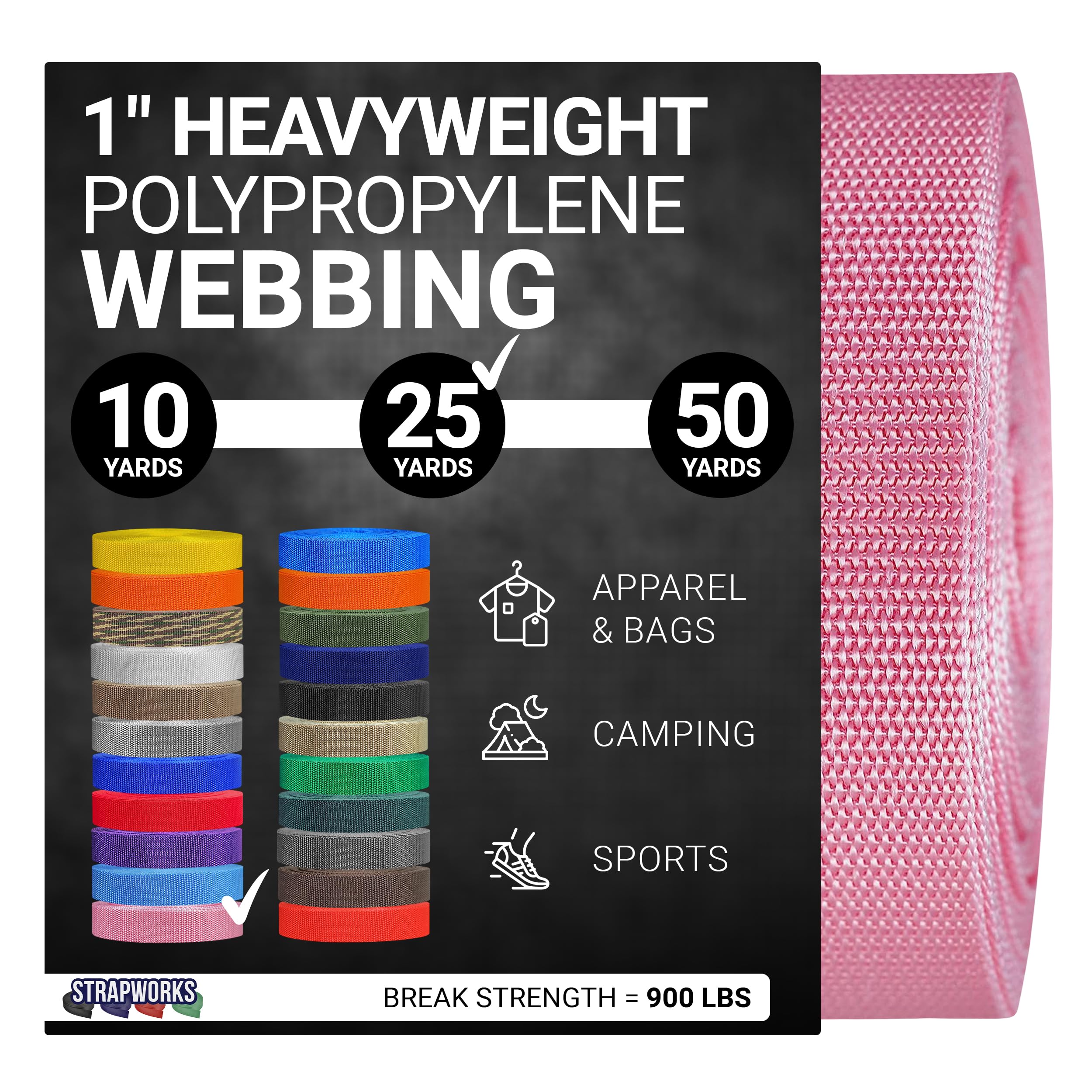 Strapworks Heavyweight Polypropylene Webbing - Heavy Duty Poly Strapping for Outdoor DIY Gear Repair, 1 Inch x 25 Yards - Pink
