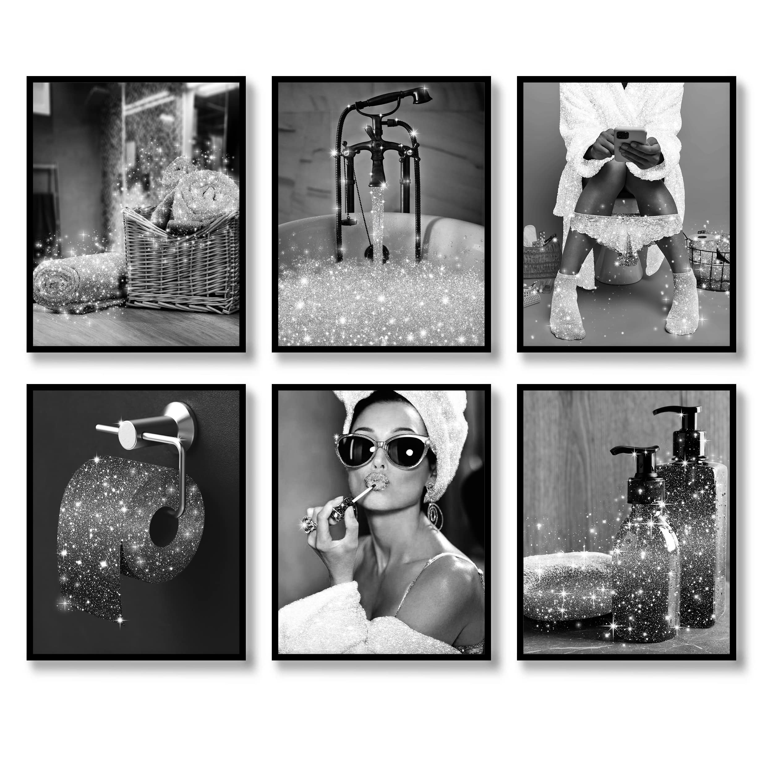 Fashion Wall Art Bathroom Wall Decor Set of 6 Black and White Glam Glitter Canvas Posters Pictures Photos Artwork Wall Modern Women Funny (Black and White, 11"x14" UNFRAMED)