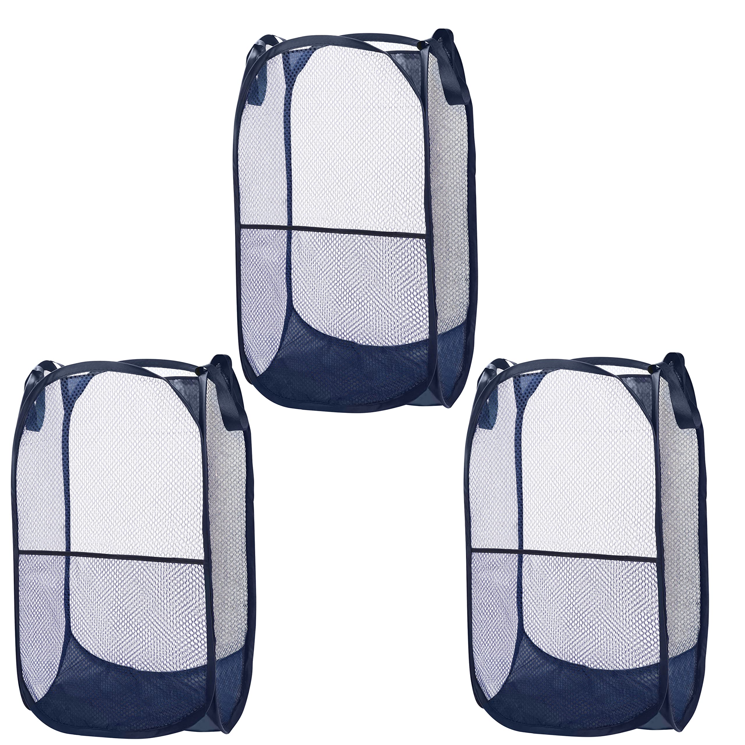 Belle Vous 3 Pack 70L Blue Pop up Mesh Laundry Hamper Collapsible Clothes Baskets - Easy Open Portable, Durable and Foldable Fabric Basket with Handles for Clothes, Washing and Kids Toys