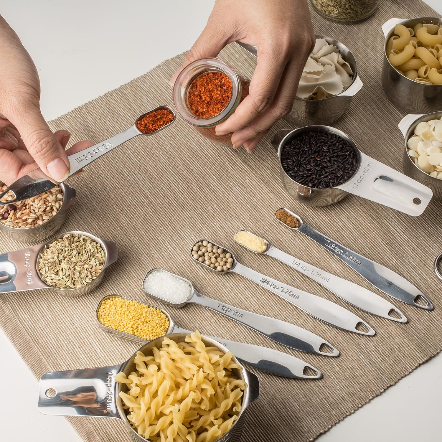 13-piece Measuring Cups and Spoons Set, 18/8 Stainless Steel Heavy Duty Ergonomic Handle with Ring Connector: Kitchen & Dining