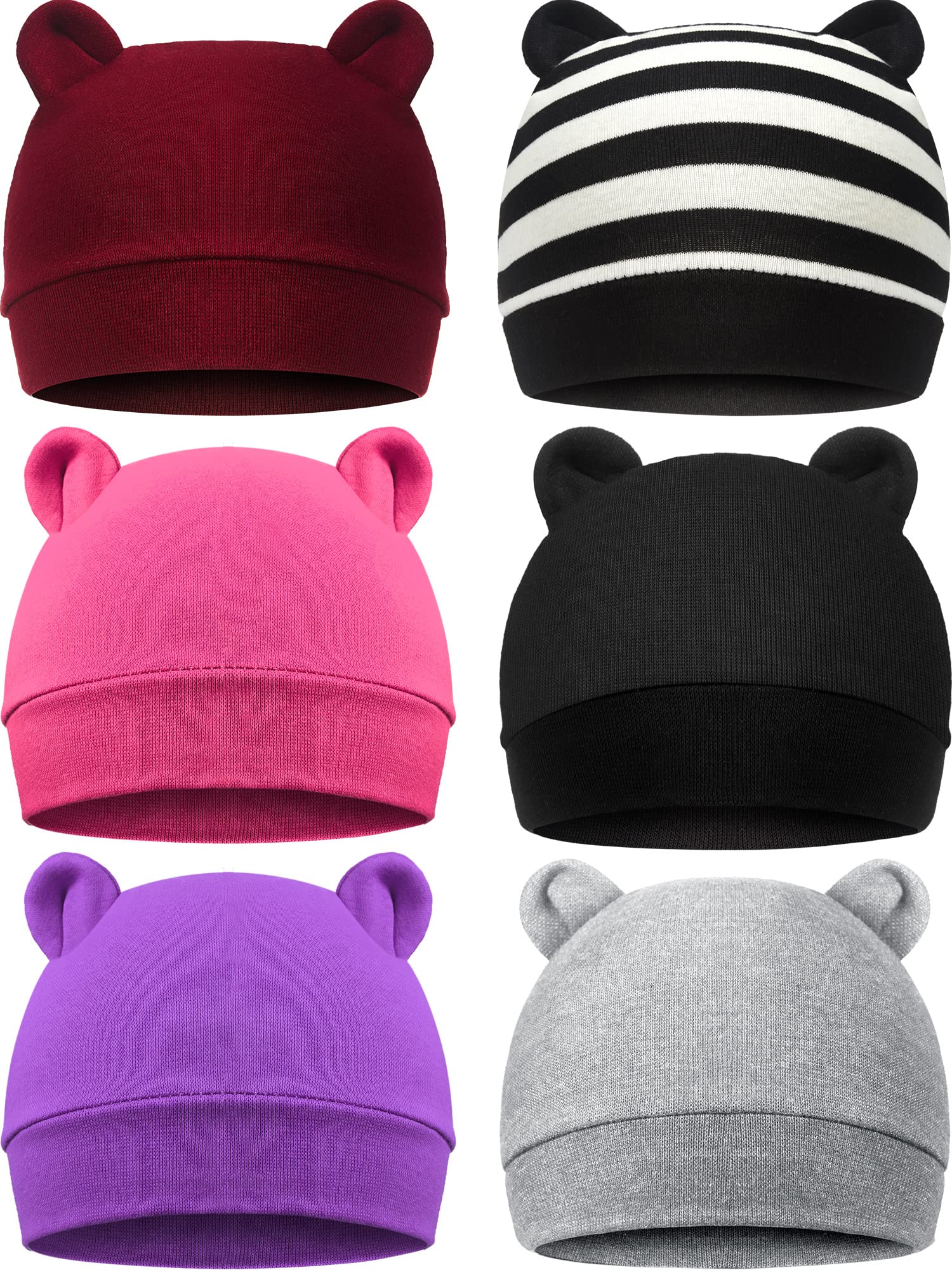 Photo 1 of 6 Pieces Newborn Baby Hat Bear Ears Infant Caps Baby Boy Girl Toddler Hats Infant Beanie Caps for 0-3 Months (Black White, Purple, Rose Red, Wine Red, Gray, Black,Classic)