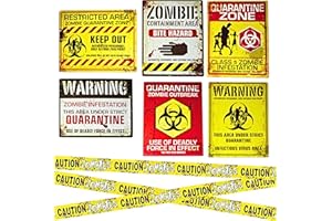 4E's Novelty 6 Warning Signs 11x14" with Caution Tape Roll 20 Feet - Halloween Zombie Party Decorations Halloween Indoor Outdoor Yard Signs Beware Danger Door Posters Haunted House Decor