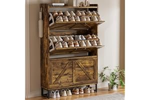 EOYUTLLY Shoe Cabinet Storage for Entryway, Narrow Shoe Rack with 3 Flip Drawers, Freestanding Hidden Shoe Rack Storage Organizer, Slim Shoe Cabinet Rustic Brown with Metal Legs