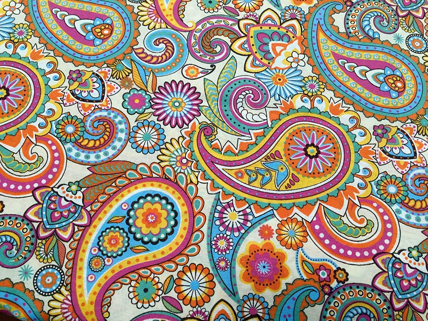 Cream and Pink Paisley Cotton Fabric Floral Print Material Upholstery Curtains Home Decor - 140cm Wide (1 METRE)