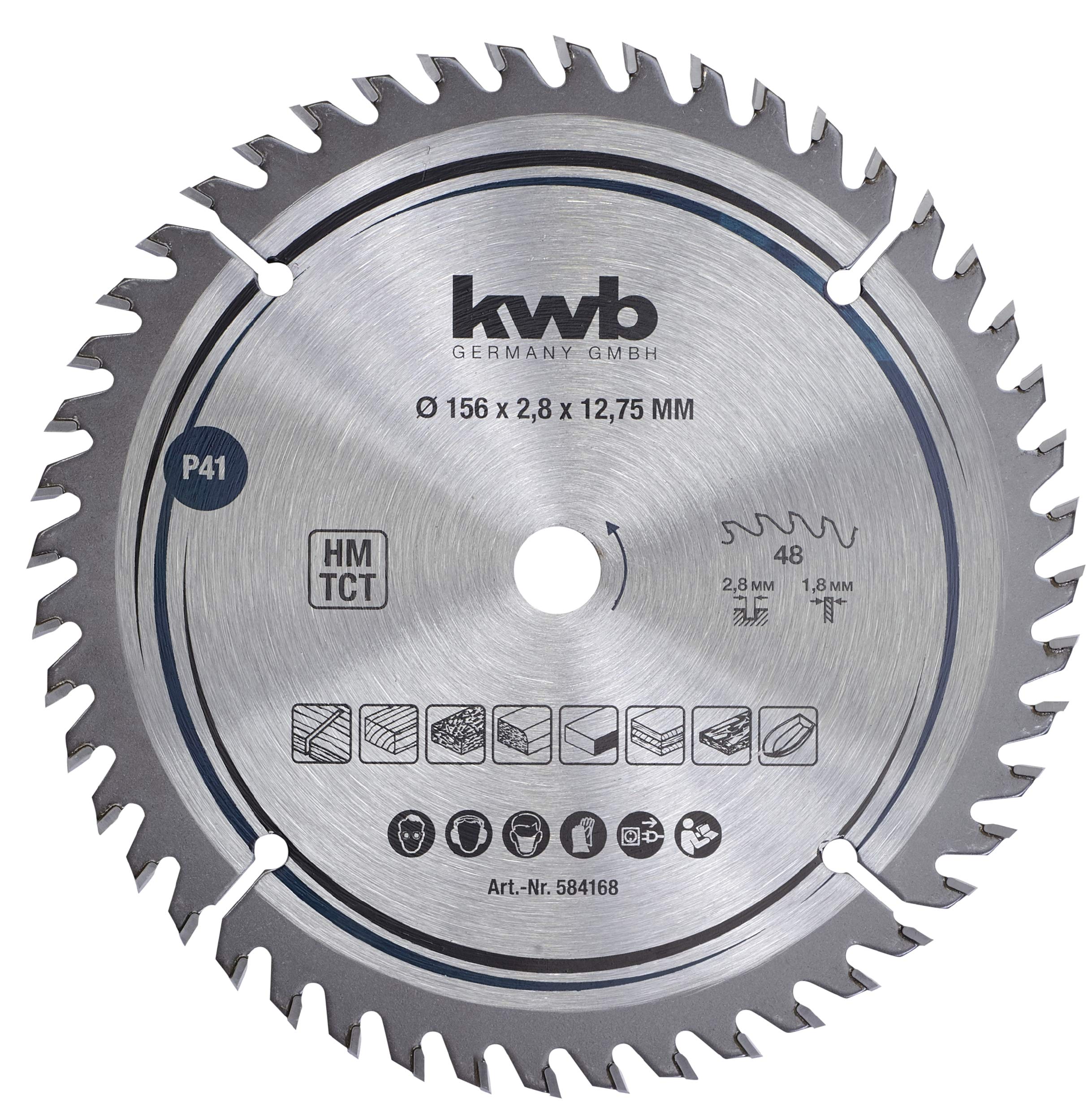 kwb 584168 Joiner's Circular Saw Blade, Wood/Hardwood, 156 x 12.7 mm cuts, high Number, 48 Teeth Z-48, Precision Saw Blade fine, 75