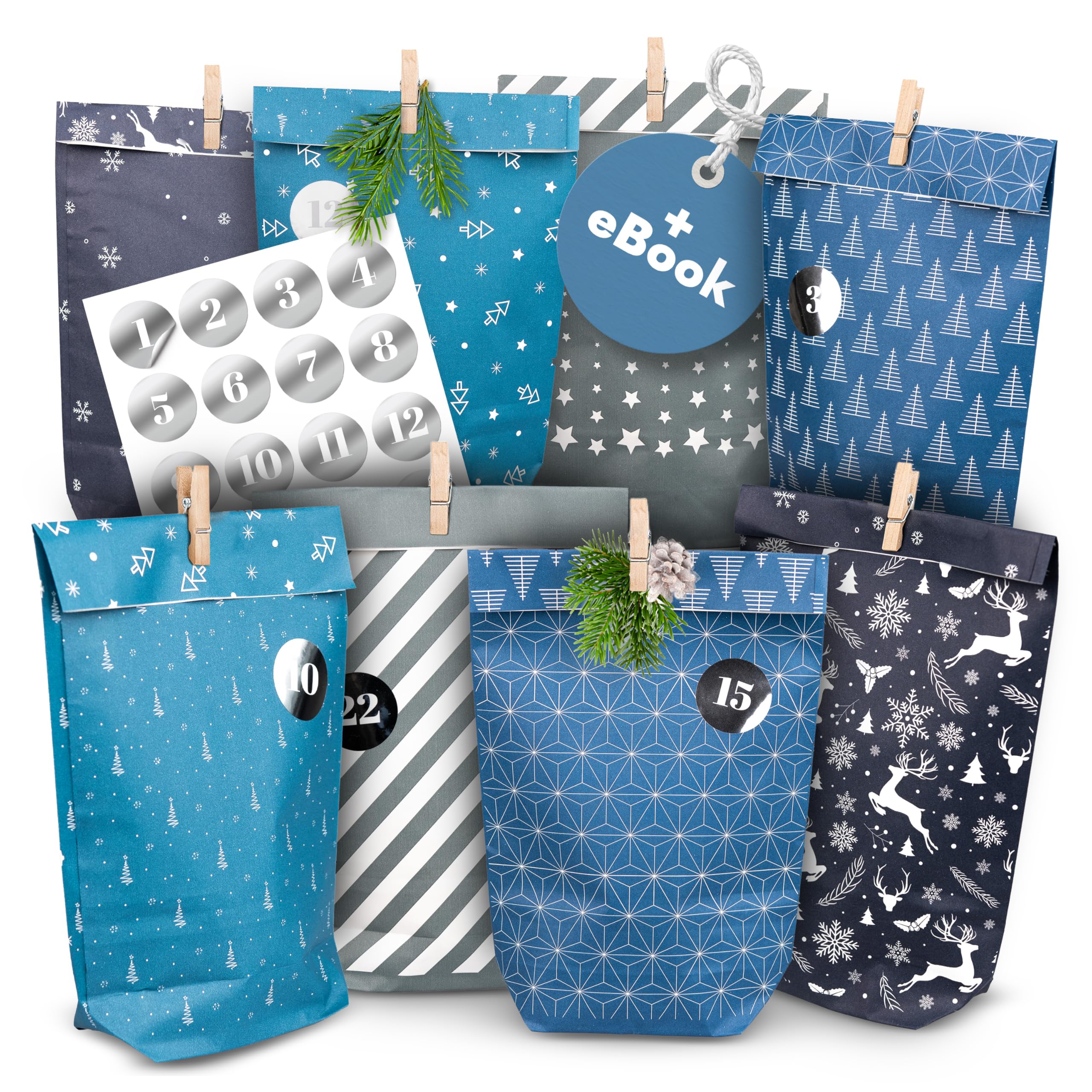 AMARI ® Advent calendar to fill Midnight Blue - 24 Advent bags diy (with metal clips) - Paper bags with numbers sticker - Christmas calendar parcel to stick on yourself