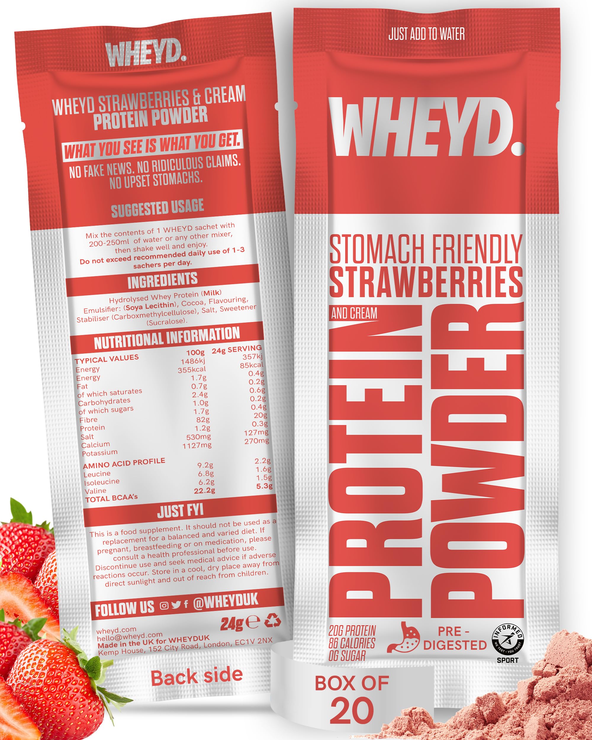 WHEYD Hydrolysed Whey Protein Isolate - Grass-Fed, Low Calorie Whey Protein Powder - Made from Premium Irish Dairy, Low Lactose, No Digestive Issues - 24g Sachets, Box of 20, Strawberries & Cream