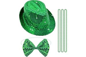 DONETUER St Patrick's Day Fedora Hat Green Sequin Irish Hat for Men Women Paddy's Day Fancy Cap Western Fashion Sequin Bow Tie and 3 Green Beads