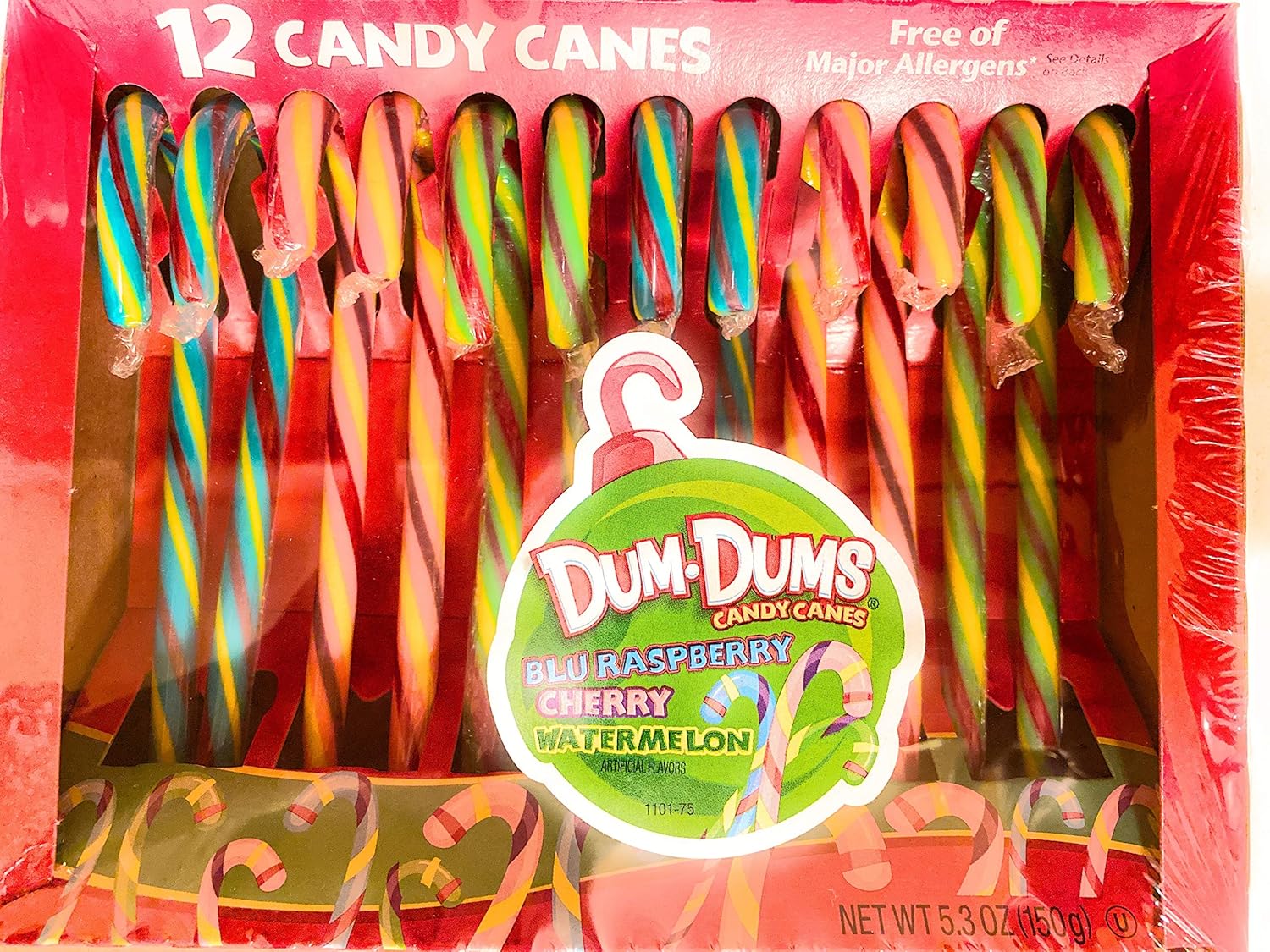 Dum dums candy canes (1) 5.3oz Box 12 individual wrapped pieces. Blu Raspberry, Cherry