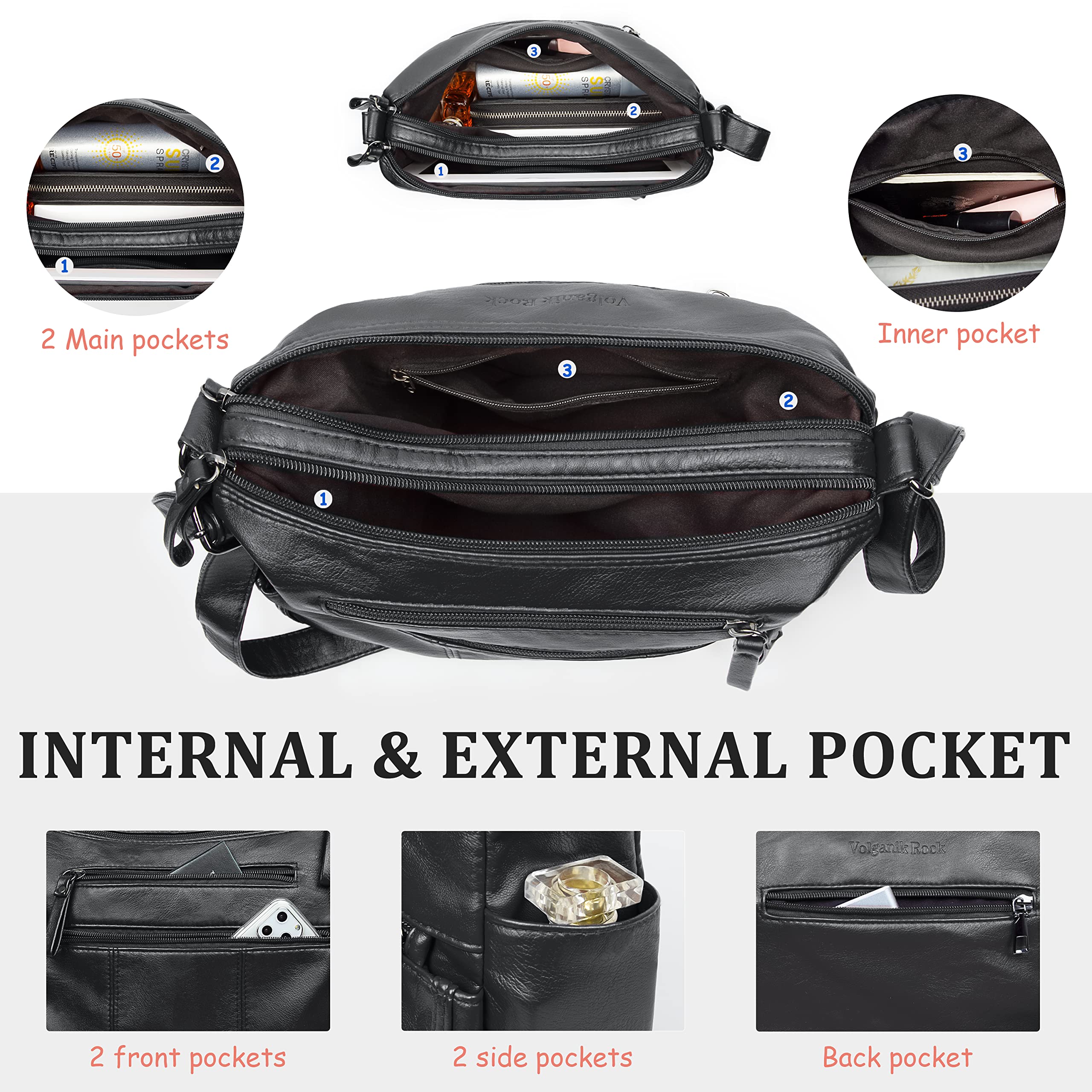 VOLGANIK ROCK Handbags for Women Shoulder bag for women Soft PU Leather Handbag Crossbody bag Multi Pockets Handbag shoulder bag Ladies handbags Travel Bag