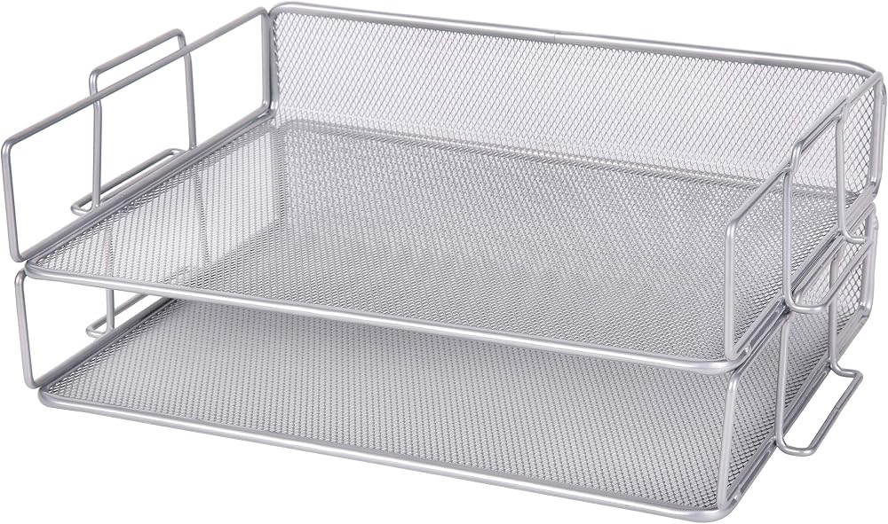 Exerz Letter Trays 2pc Mesh Desk Organiser Stackable A4 Metal Tray Silver Grey