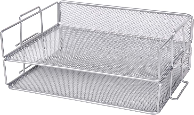 Exerz Letter Trays 2pc Mesh Desk Organiser Stackable A4 Metal Tray Silver Grey