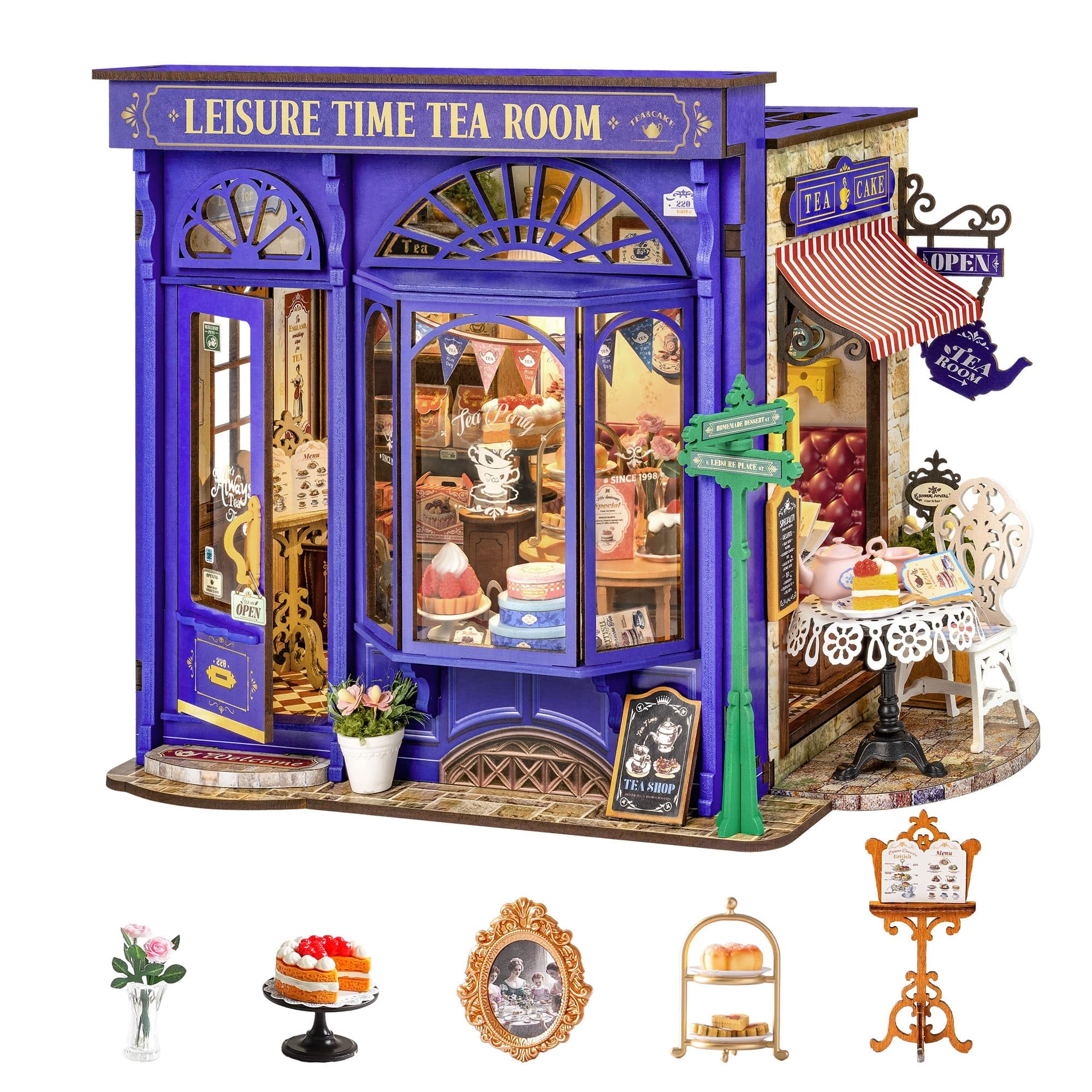 Rolife Model Kits Dollhouse Tea Time DIY Miniature House Kit with Lights Dolls House Kits Leisure Time Tea Room Openable Structure Christmas Birthday Gift