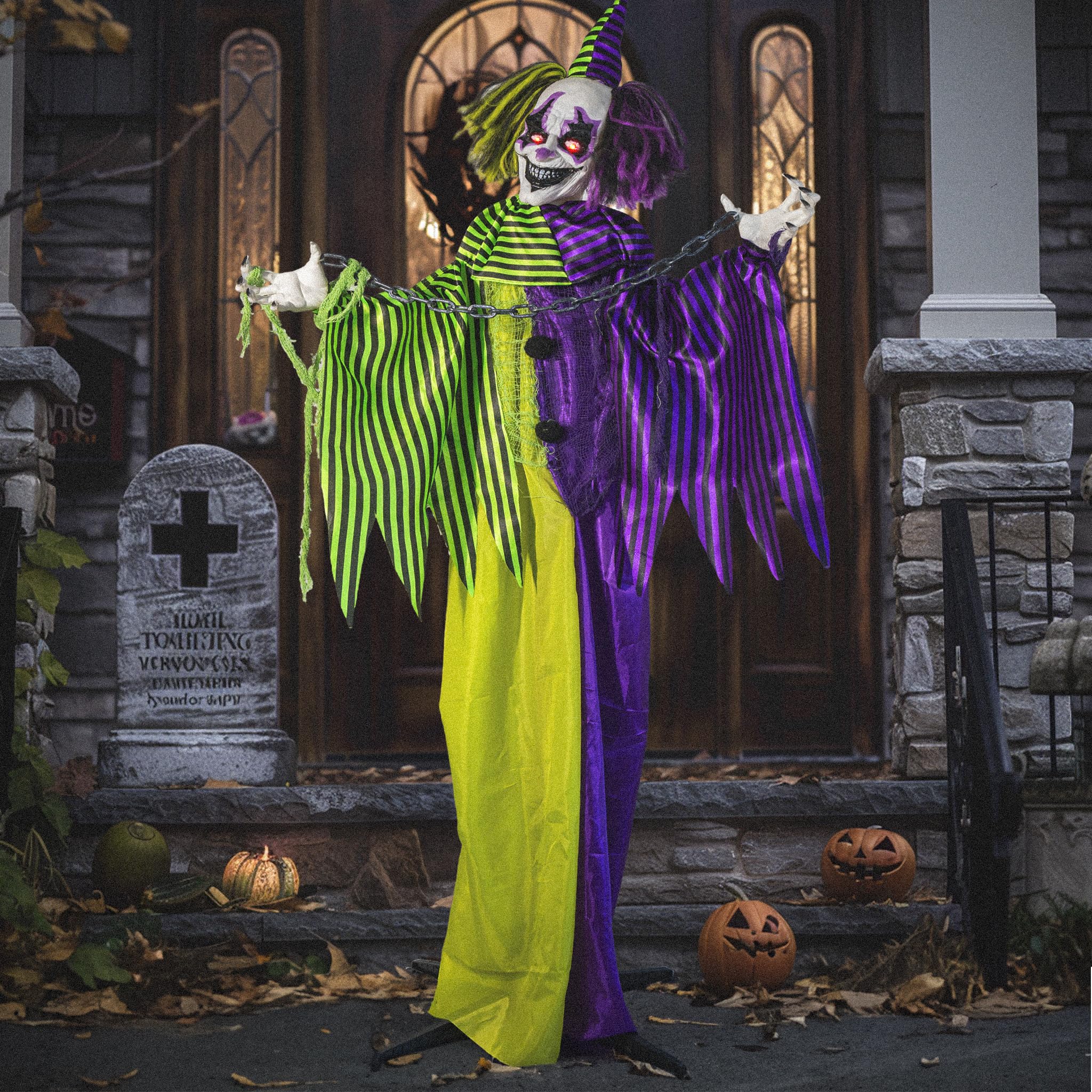 Photo 1 of Hourleey Halloween Animatronics Clown Decorations, 6 FT Life Size Standing Talking Clown Prop with Light-Up Eyes, Sound Animated Decoration for Halloween Indoor Outdoor Decoration