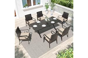 Gotland 7 Piece Outdoor Dining Table and Chairs for 6, Rectangular Patio Dining Table with Umbrella Hole, Modern Outdoor Patio Set, Lawn Garden Outdoor Table and Rattan Chairs