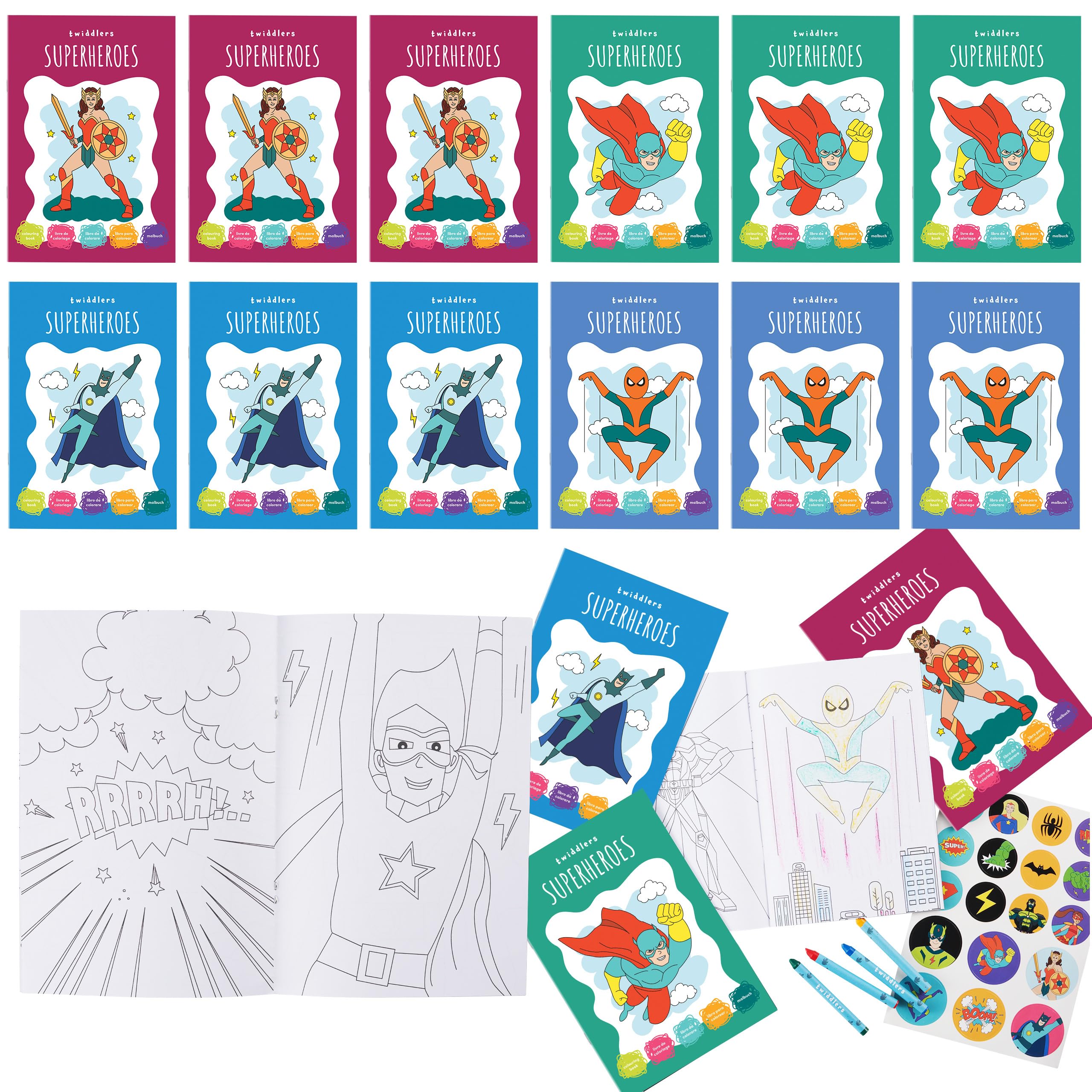 THE TWIDDLERS 12 Pack A5 Superhero Colouring Books for Kids (Age 4-8) - Complete Set with 12 Sticker Sheets and 12 Mini Crayon Packs (4 per Pack) for Children's Party Bags
