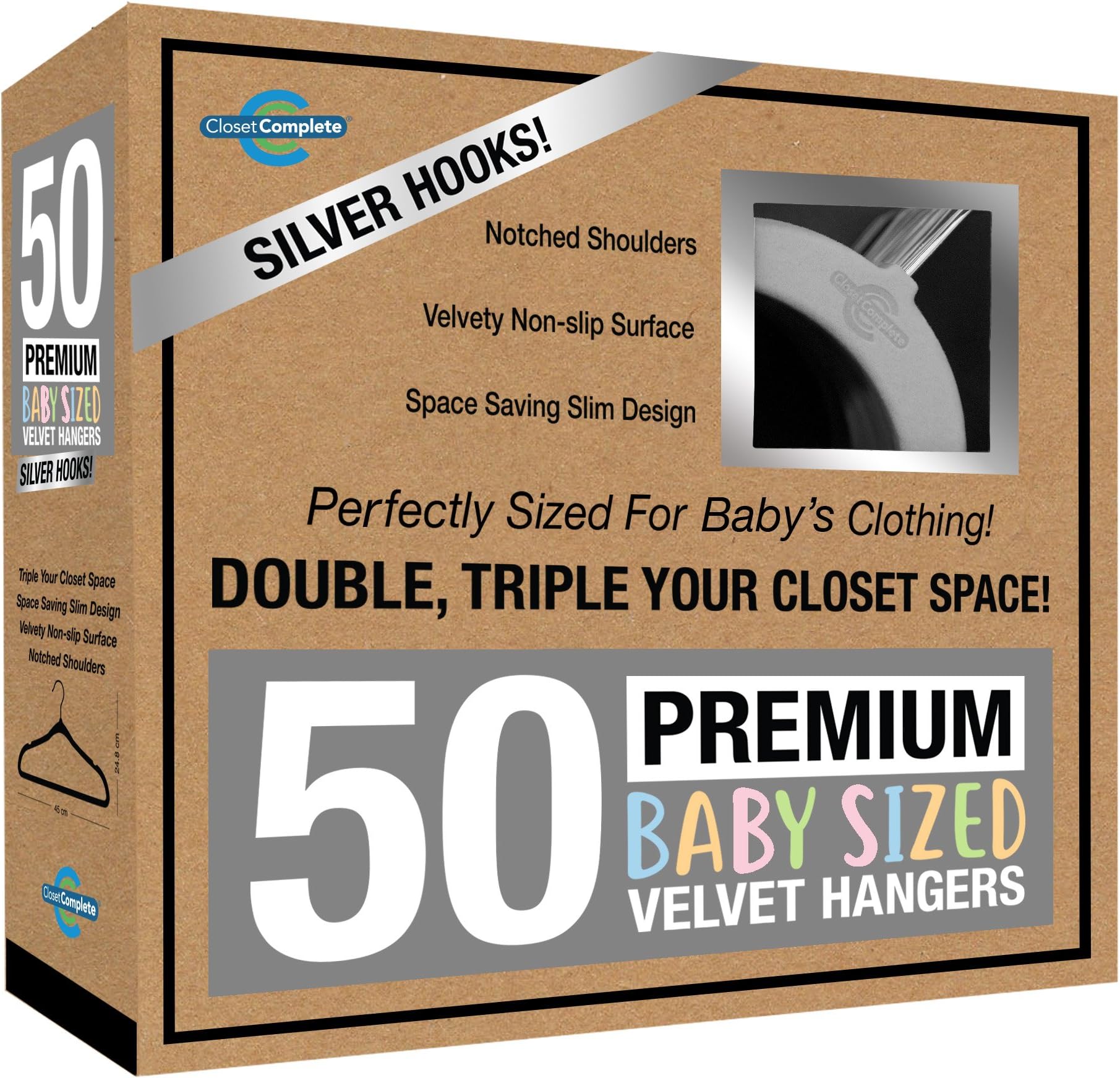 Closet Complete Baby Velvet Hangers, Premium Quality, True-Heavyweight, Virtually-UNBREAKABLE, Ultra-Thin, Space Saving No-Slip, Perfect Size for Babies 0-48 months 360° SPIN, Chrome Hooks, Gray 50pc