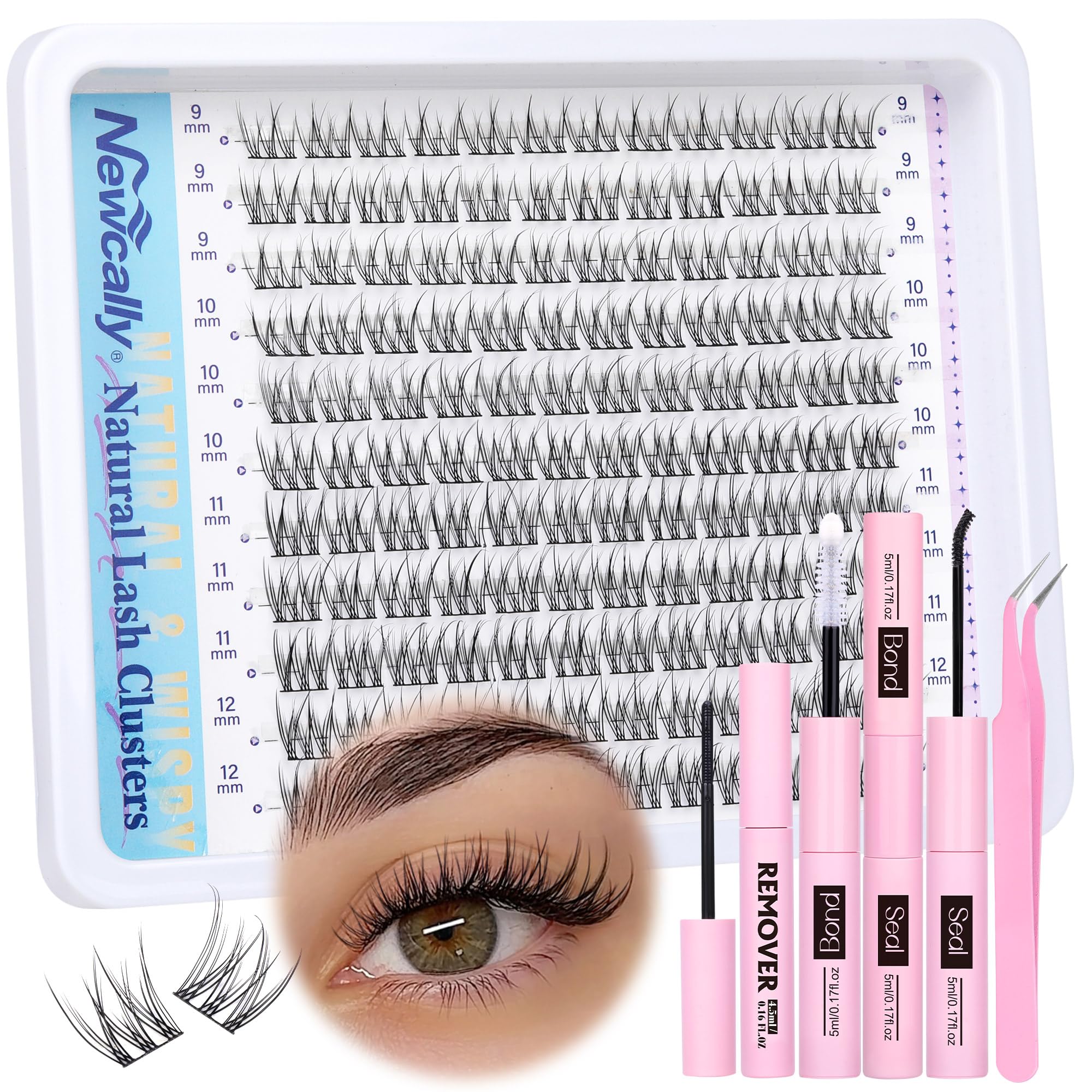 Natural Lash Clusters Kit DIY Lash Extension Kit Wispy Eyelash Extension Kit C-curly Individual Lashes Kit 9-12MM Short Eyelash Clusters with Lash Remover by Newcally