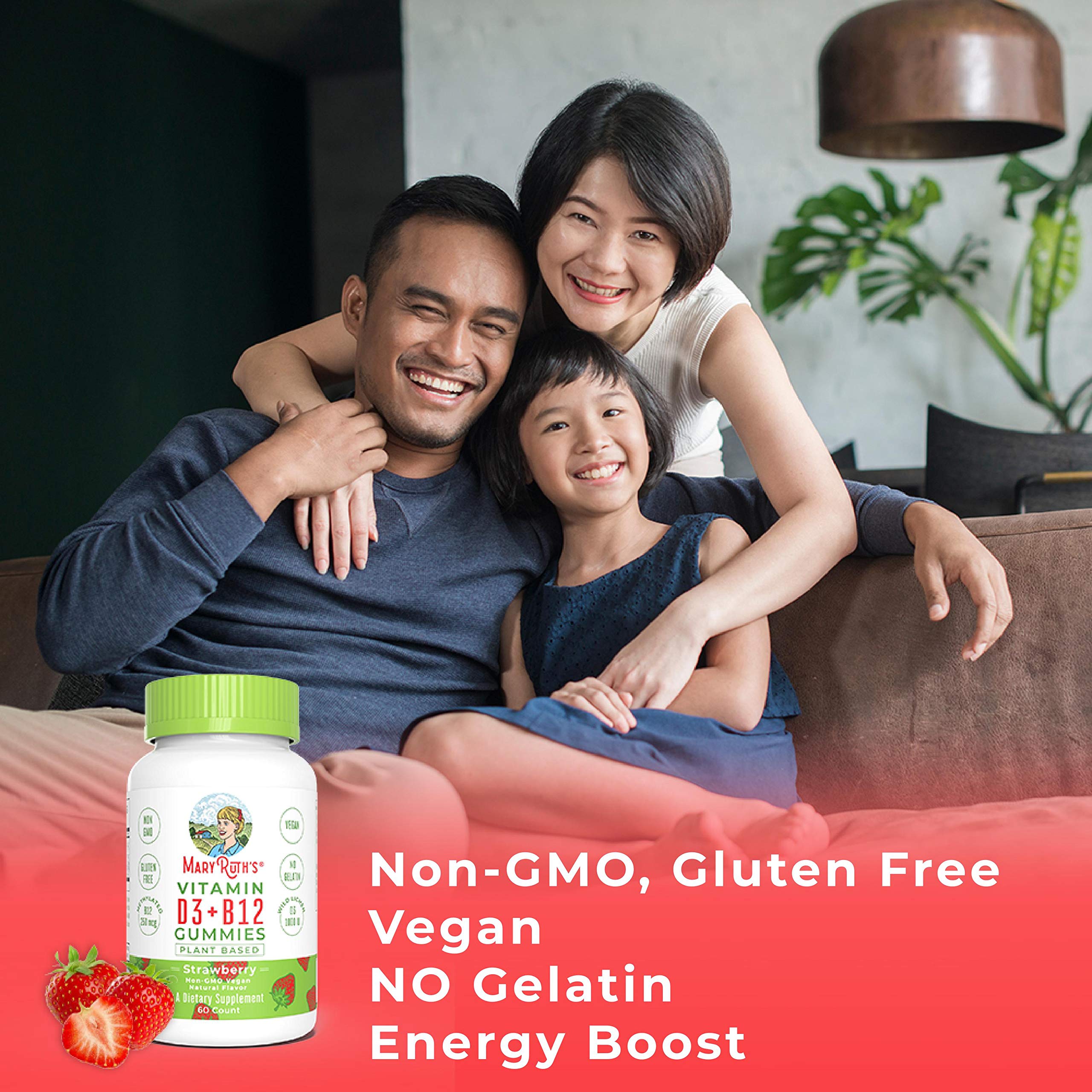 Vegan Vitamin D3+B12 Gummy (Plant-Based Gummies) by MaryRuth\'s - Made w/Organic Ingredients Non-GMO Vegan Paleo Gluten Free for Men, Women & Kids 1000 IU Vitamin D3 & 250 mcg Vitamin B12 60 Count