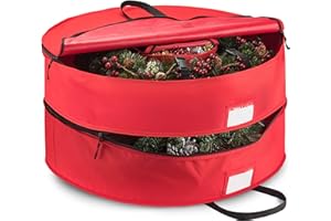 ZOBER Christmas Wreath Storage Container 36 Inch - Wreath Bag Fits 2 Wreaths Box - 600D Oxford Fabric - Interior Compartment for Storing Garlands, Wreaths Storage Bag W Strong Durable Handles - Red