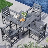PamapicLife Dining Table Set, 5-Piece HDPE Outdoor, Gray | 1 Square Tables &amp; 4 Chairs, 1.7" Umbrella Hole, 300 lb/Chair, Waterproof Wood-Grain Surface, 3-Box Delivery