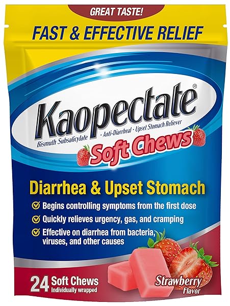 KAOPECTATE SOFT CHEWS, BISMUTH SUBSALICYLATE, ANTI-DIARRHEAL AND UPSET STOMACH RELIEVER – 24 COUNT