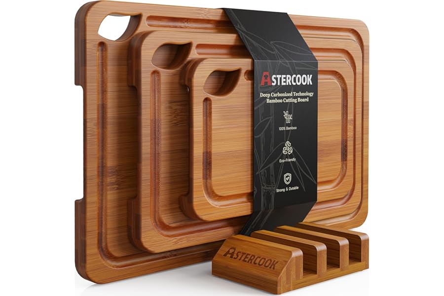Astercook Deep-Carbonized Bamboo Cutting Boards for Kitchen with Wood Storage Stand, Reversible Charcuterie & Chopping Boards with Juice Grooves and Easy-Grip Handles, Mothers Day Gifts