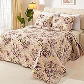 Cmfshape Romantic Patchwork Quilt Set Queen Size,Reversible Bedspread Coverlet 3-Piece,Rose Bed Cover Set with Pillow Shams,Lightweight Microfiber Bedding Set for All Season (Red,90x90)