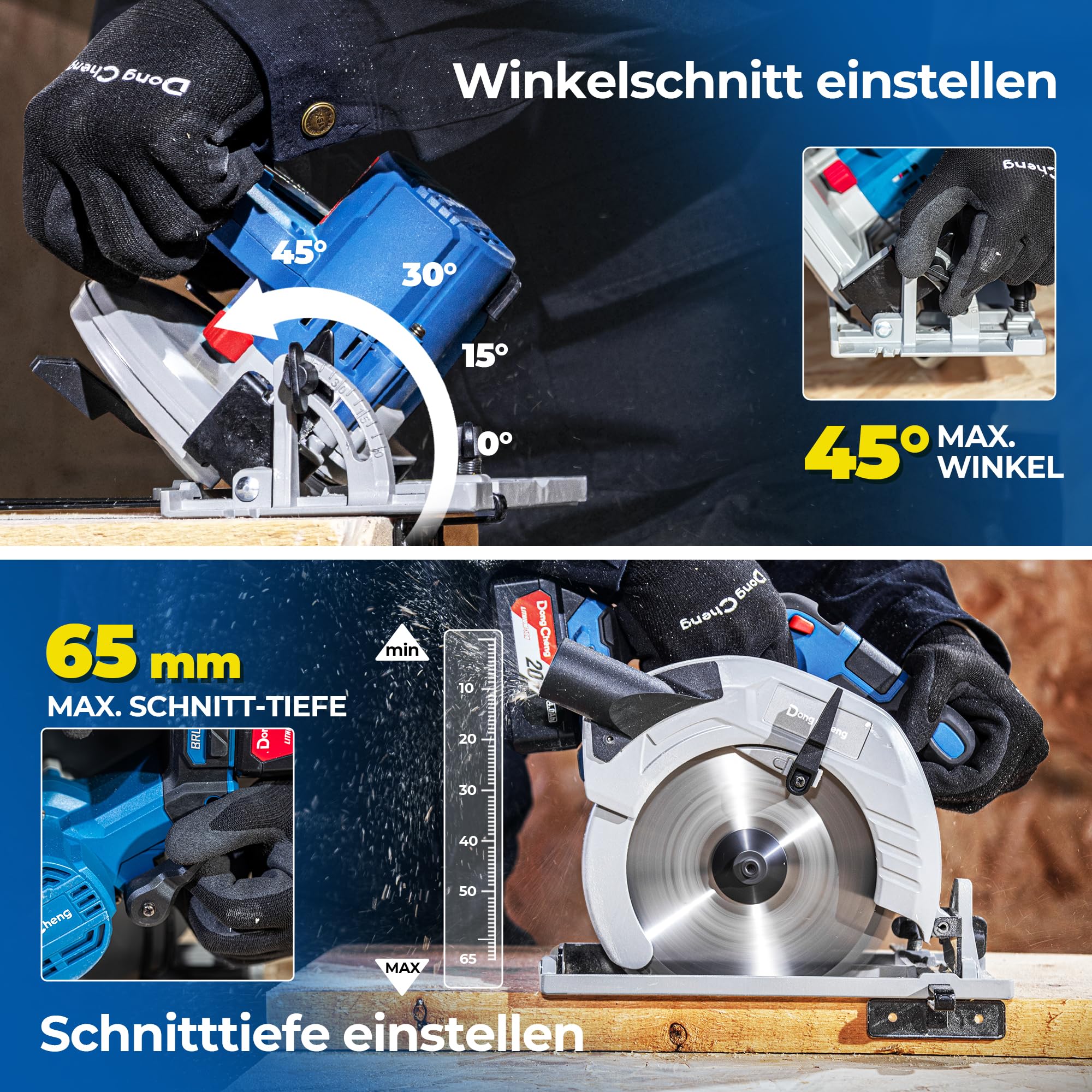 Dong Cheng 18V Akku Handkreissäge Ø185mm, 5000RPM, Schnitttiefe 65 mm, 0-45° (inkl. Ø185 x Ø20 mm Sägeblatt, Akku/Ladegerät, BOXX) DCMY02-185 6