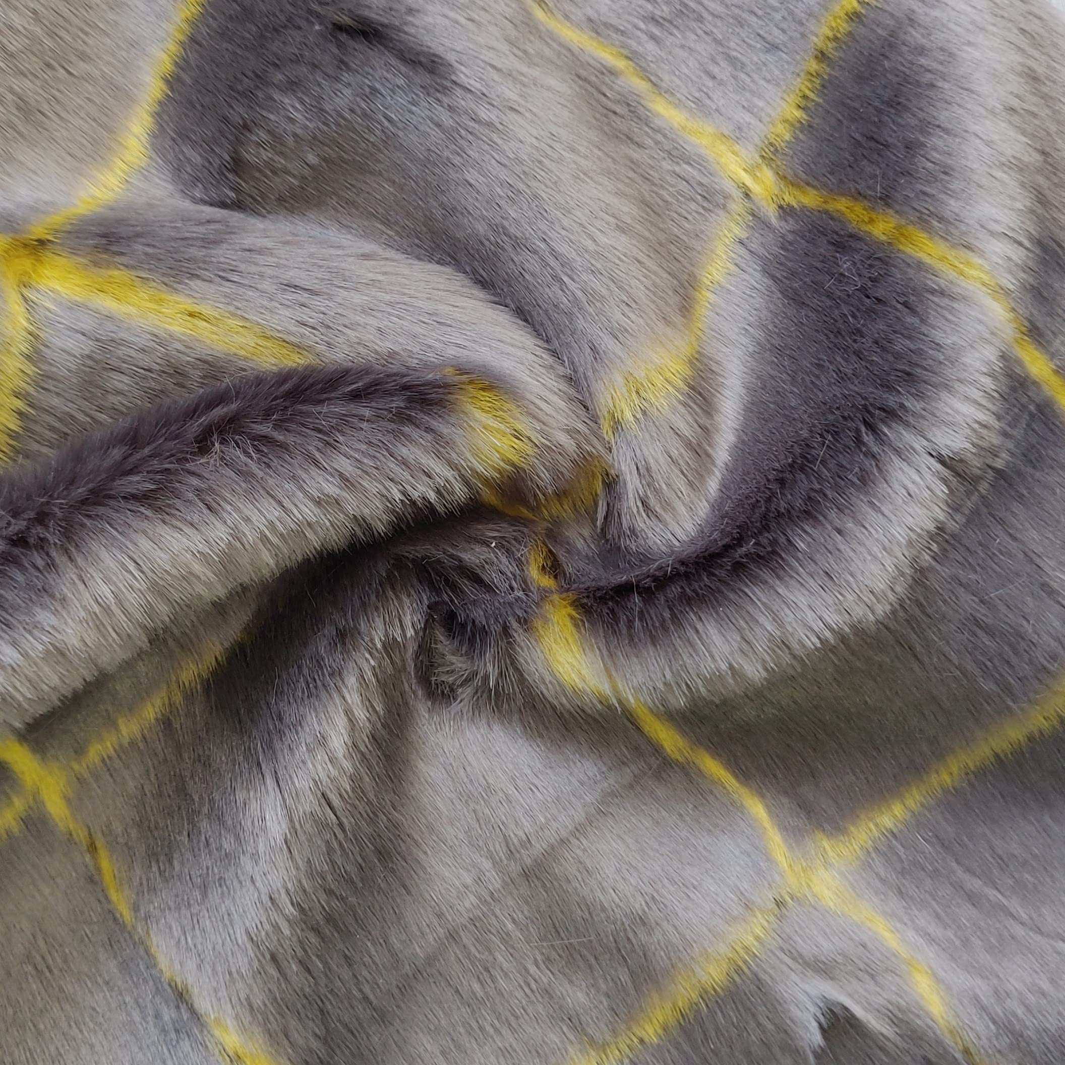 Luxury Faux Fur Fabric Material - Dark Grey & Ochre Lattice, 1Mtr - 150cm x 100cm