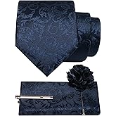 JEMYGINS Mens Floral Tie and Lapel Pin Necktie Pocket Square and Tie Clip with Sets for Business Casual 4PCS