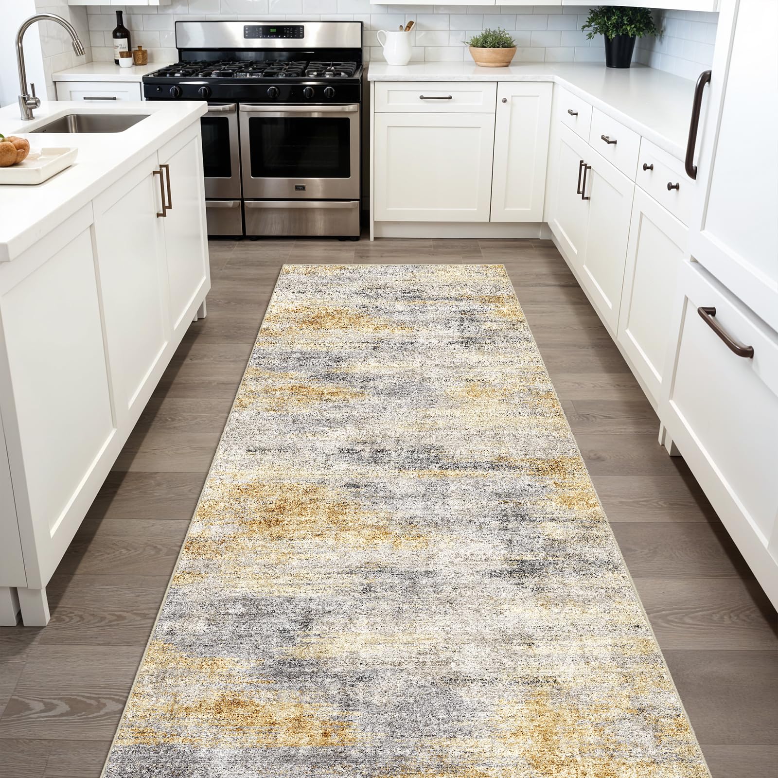 3x6 Washable Kitchen Runner Rug: Modern Abstract Runners for Hallway Soft Non Slip Rugs with Rubber Backing Low Pile Thin Floor Carpet for Entryway Bedroom Bathroom Bedside Indoor(Grey/Yellow,3x6) Image