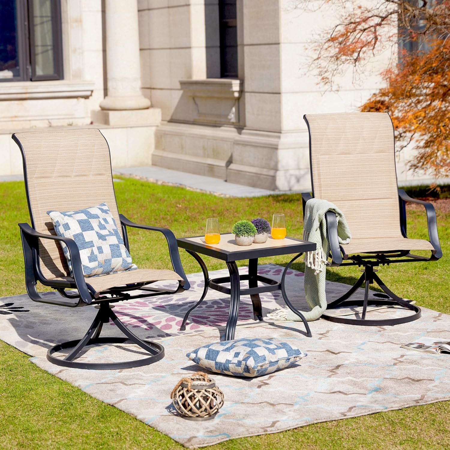 LOKATSE HOME 3 Piece Patio Rocking Set with 2 Outdoor Swivel Chairs and 21" Square Dining Table, Grey : Garden & Outdoor
