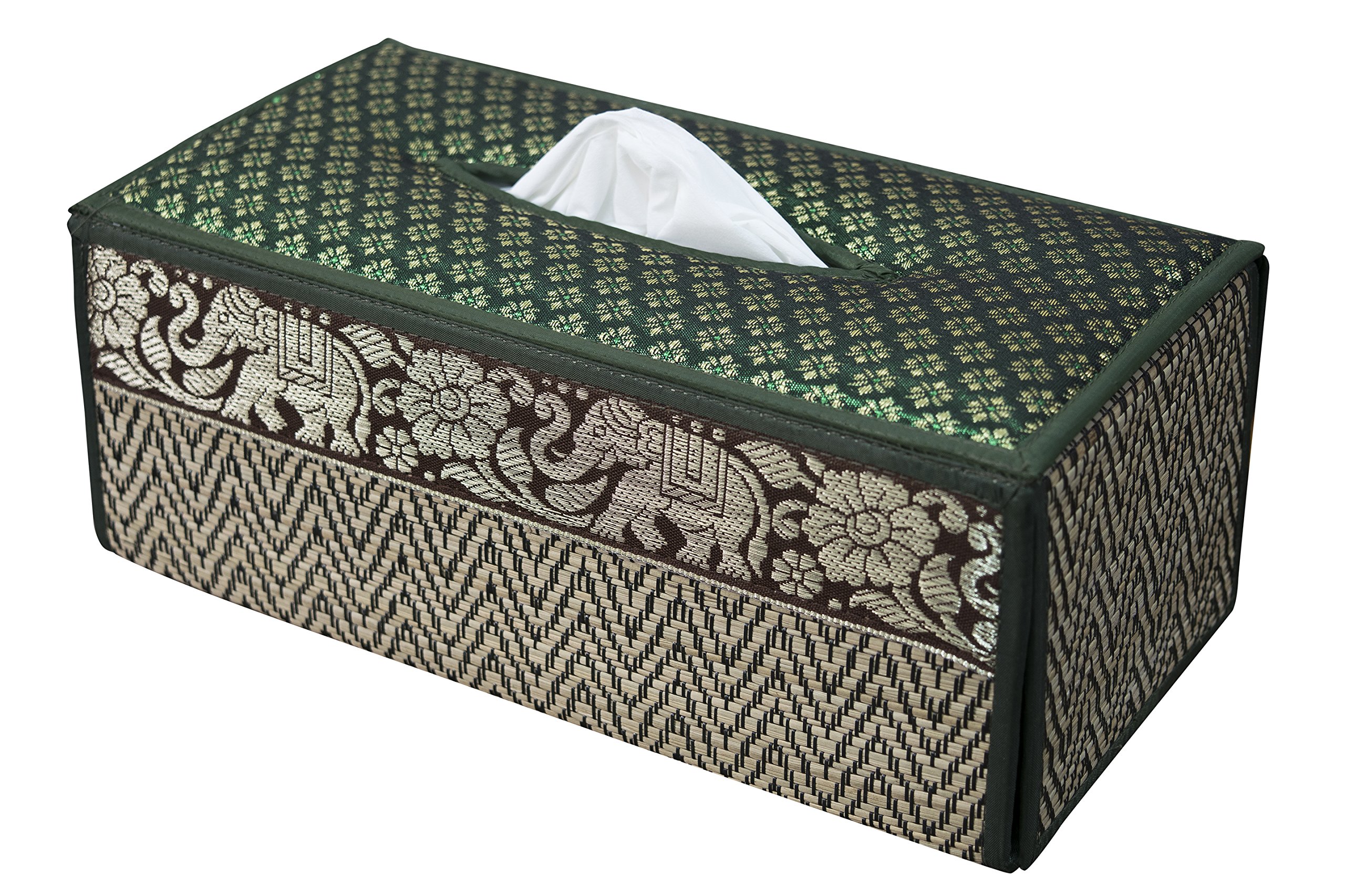 CCcollections Handmade Stylish Reed Tissue Box, 100% Cotton Handcrafted with Satin Trim Sheath Cover Holder Dispense made from Natural Eco-Friendly Materials - (D Green)