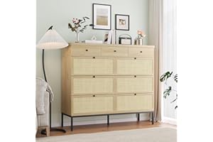 YECHEN Modern Long 9 Drawers Dresser for Bedroom with Natural Rattan Drawers, Wooden Tall Dresser Chest of Drawers with Sturdy Steel Legs for Nursery, Closet Storage Drawer Dressers Organizer for Living Room